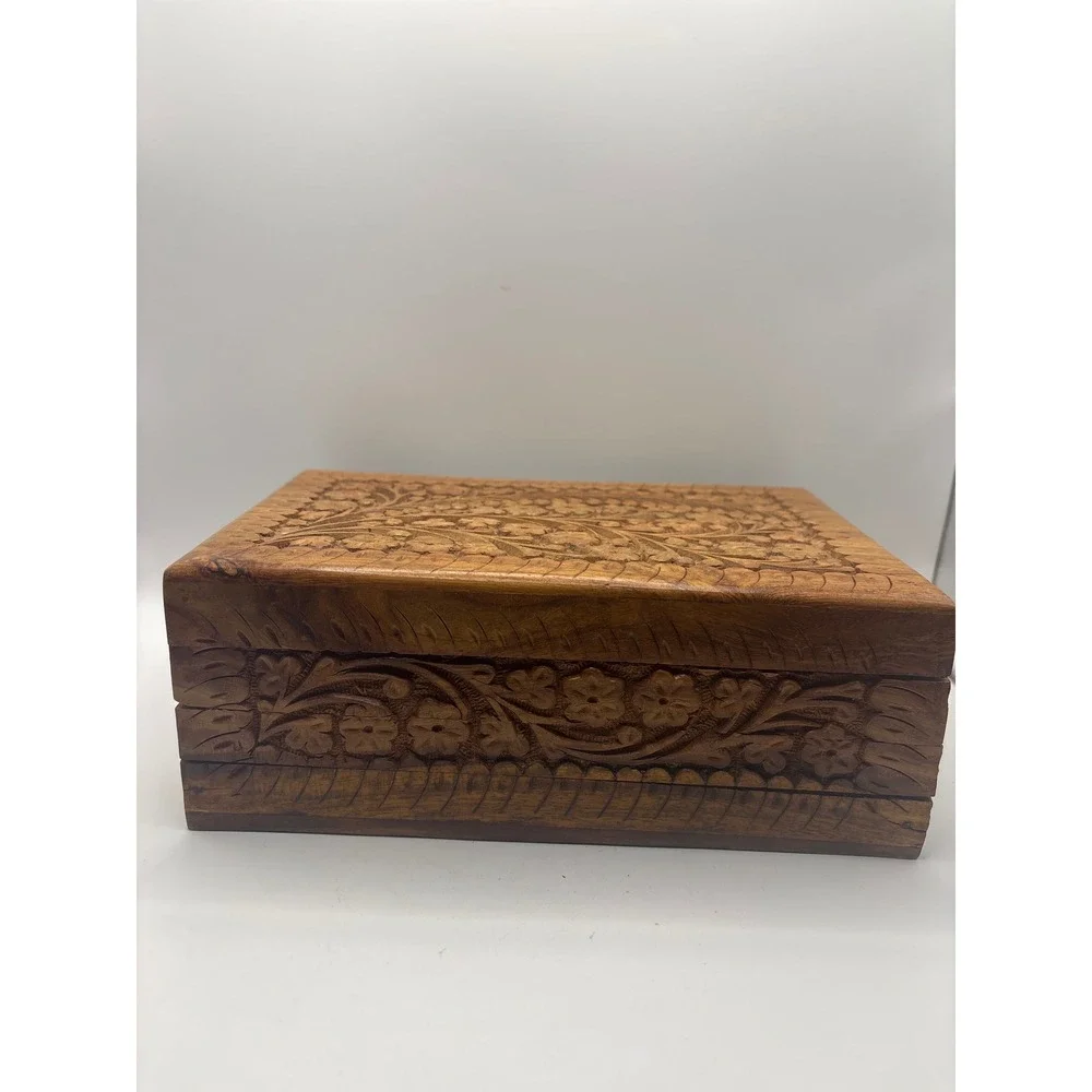Hand Carved Floral Wooden Jewelry Box Red Velvet Lining Vintage Boho Keepsake